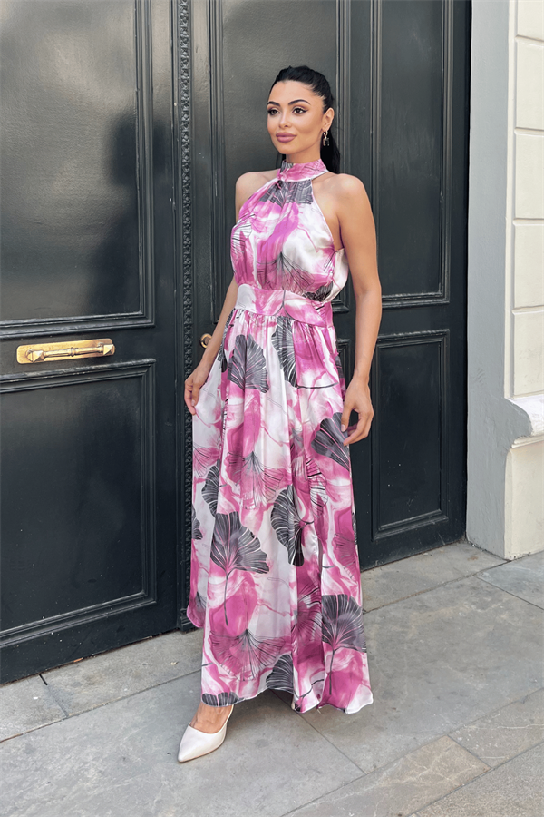 Saten Kumas Boyundan Bağlamalı Elbise  - PEMBE