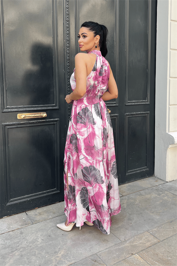 Saten Kumas Boyundan Bağlamalı Elbise  - PEMBE