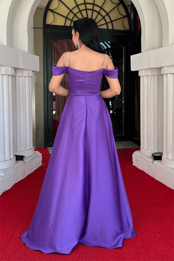 Saten Kumaş Büzgülü Askılı Abiye Elbise - KOYU MOR