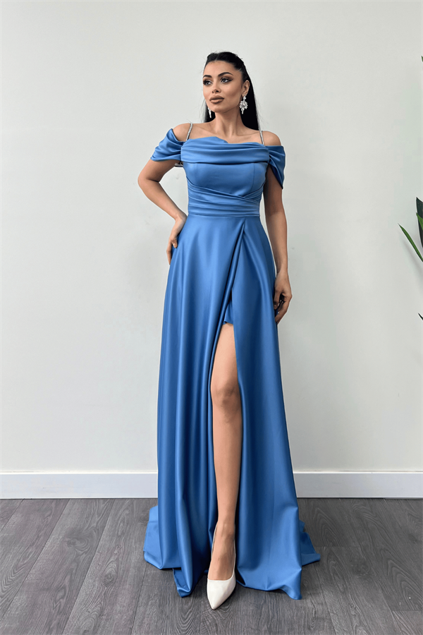 Saten Kumaş Büzgülü Askılı Abiye Elbise - İNDİGO MAVİ