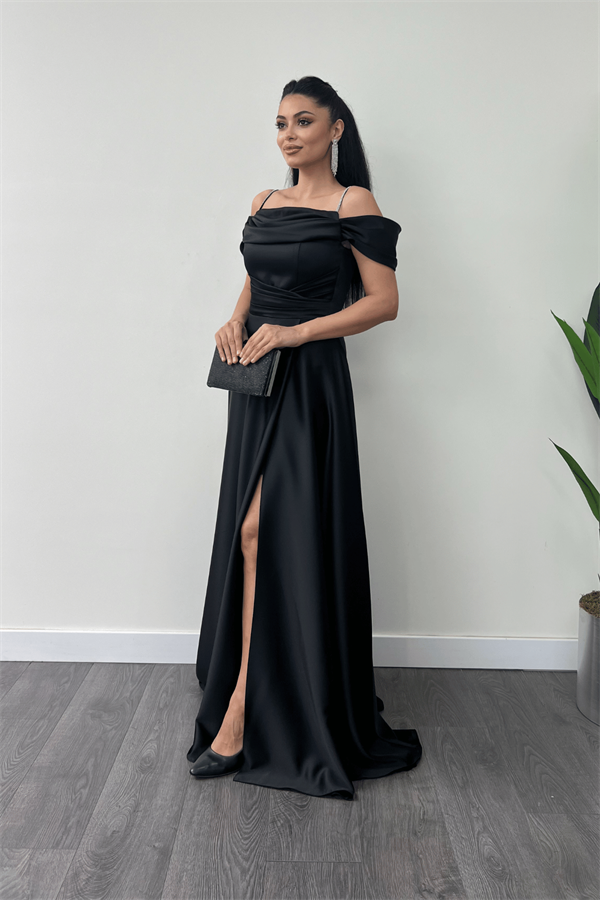 Saten Kumaş Büzgülü Askılı Abiye Elbise - SİYAH