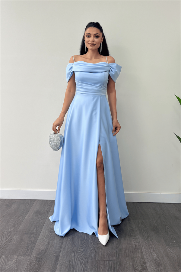 Saten Kumaş Büzgülü Askılı Abiye Elbise - BEBE MAVİSİ