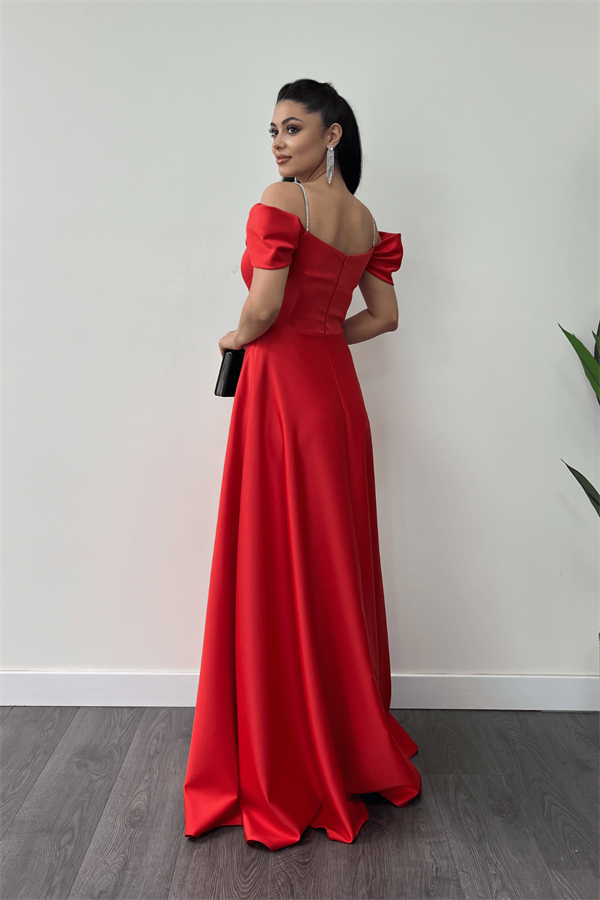 Saten Kumaş Büzgülü Askılı Abiye Elbise - KIRMIZI