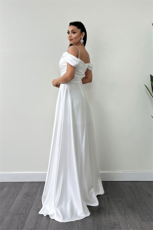 Saten Kumaş Büzgülü Askılı Abiye Elbise - BEYAZ