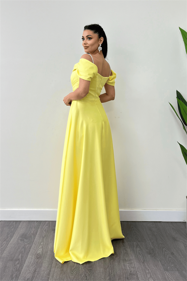 Saten Kumaş Büzgülü Askılı Abiye Elbise - SARI