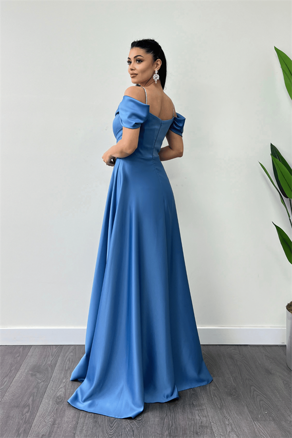 Saten Kumaş Büzgülü Askılı Abiye Elbise - İNDİGO MAVİ