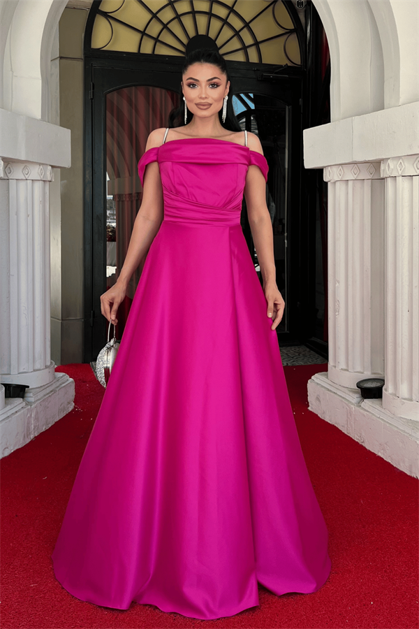 Saten Kumaş Büzgülü Askılı Abiye Elbise - FUŞYA