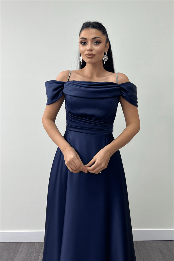 Saten Kumaş Büzgülü Askılı Abiye Elbise - LACİVERT