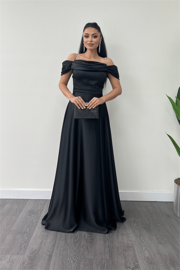 Saten Kumaş Büzgülü Askılı Abiye Elbise - SİYAH