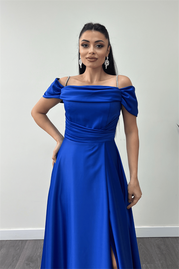 Saten Kumaş Büzgülü Askılı Abiye Elbise - SAKS MAVİ