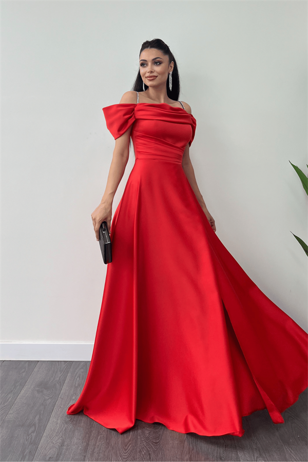 Saten Kumaş Büzgülü Askılı Abiye Elbise - KIRMIZI