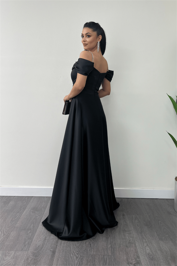 Saten Kumaş Büzgülü Askılı Abiye Elbise - SİYAH