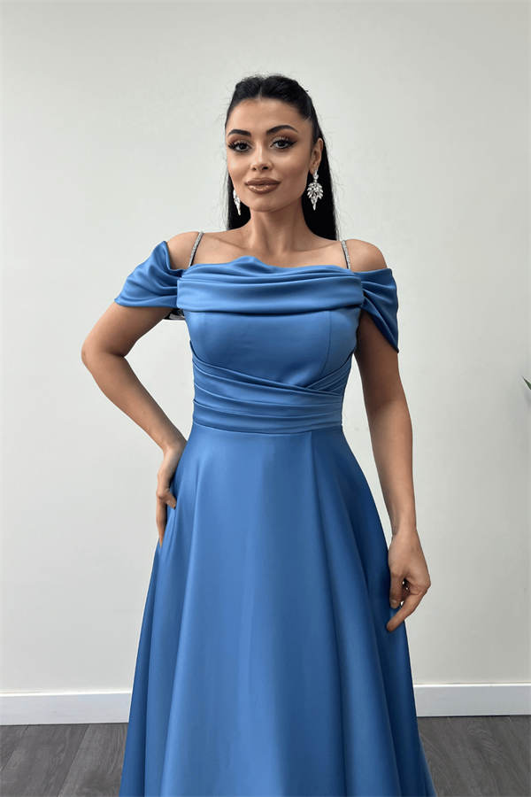 Saten Kumaş Büzgülü Askılı Abiye Elbise - İNDİGO MAVİ