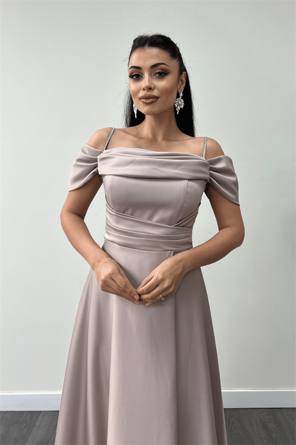 Saten Kumaş Büzgülü Askılı Abiye Elbise - BEJ