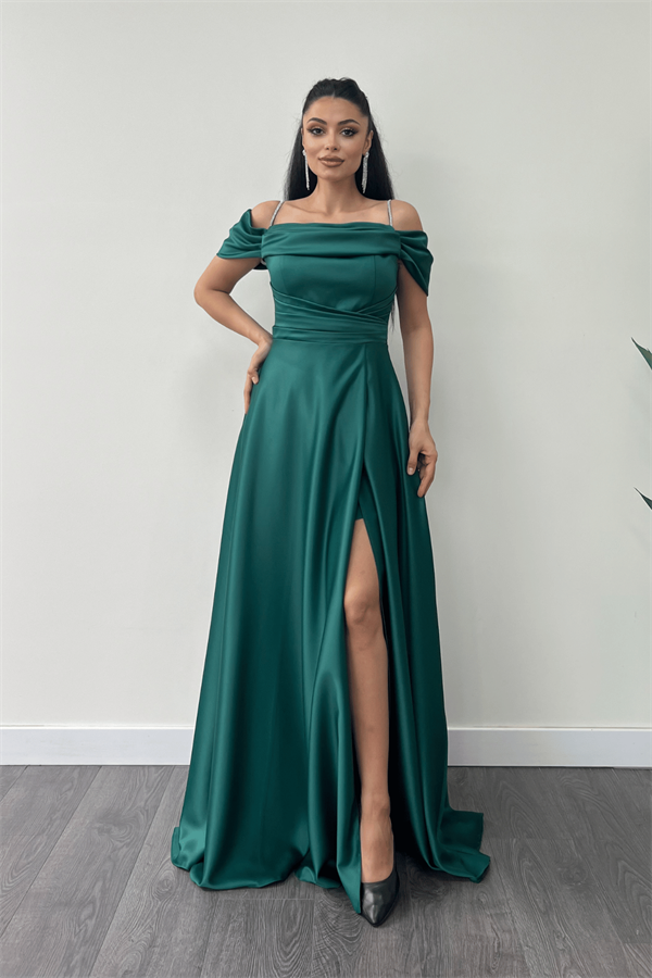 Saten Kumaş Büzgülü Askılı Abiye Elbise - ZÜMRÜT YEŞİL