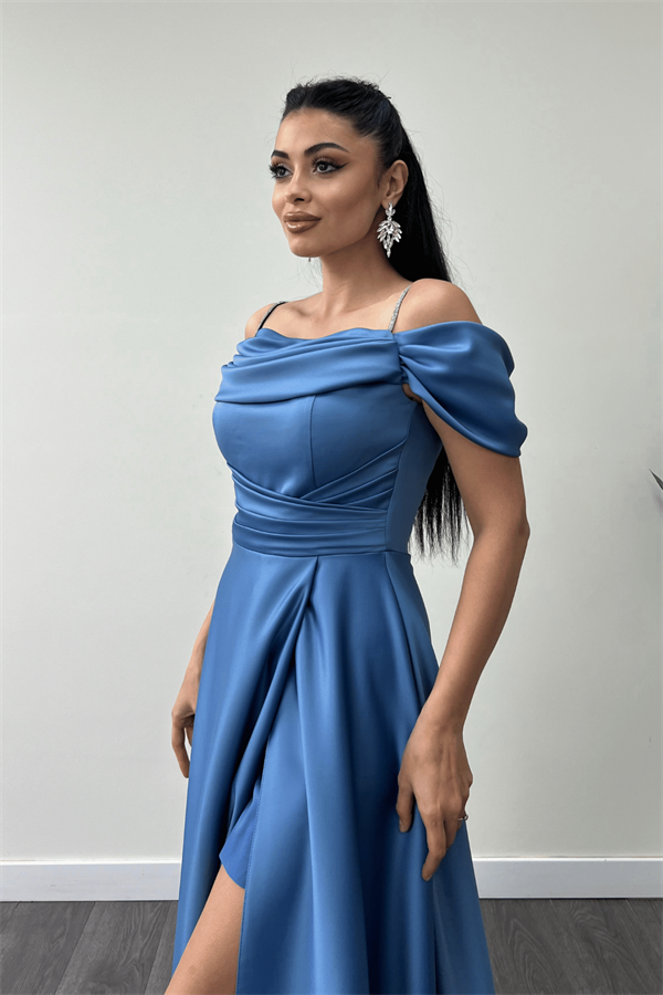 Saten Kumaş Büzgülü Askılı Abiye Elbise - İNDİGO MAVİ