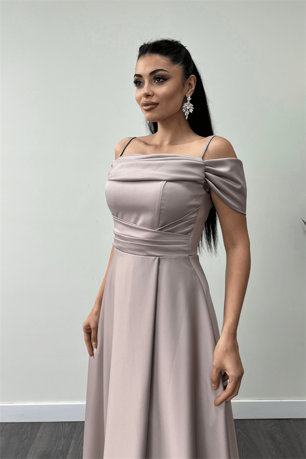 Saten Kumaş Büzgülü Askılı Abiye Elbise - BEJ