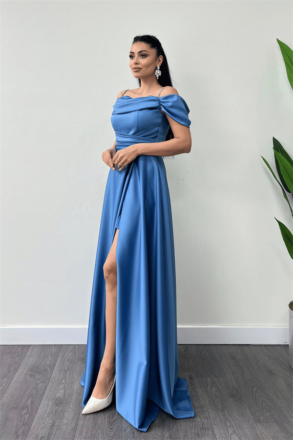 Saten Kumaş Büzgülü Askılı Abiye Elbise - İNDİGO MAVİ