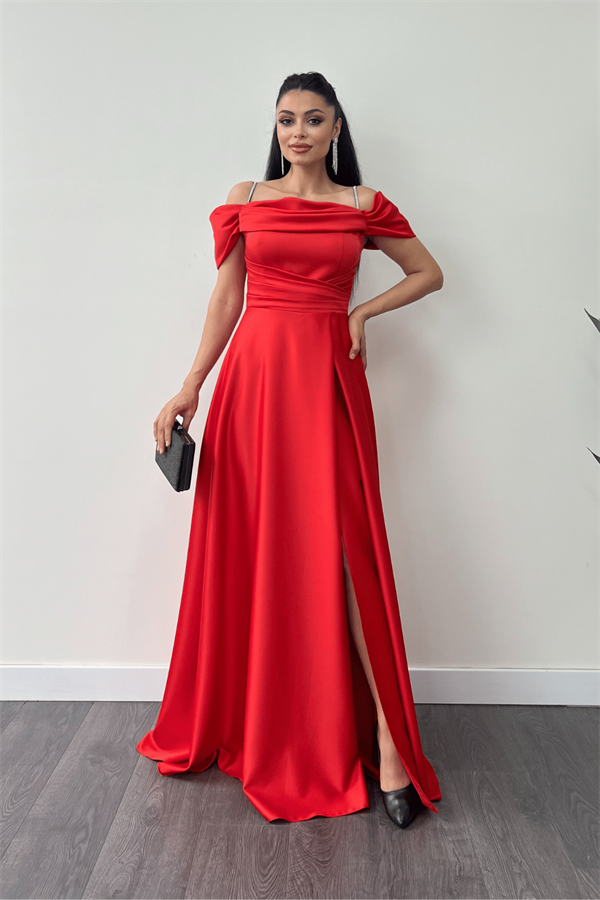 Saten Kumaş Büzgülü Askılı Abiye Elbise - KIRMIZI