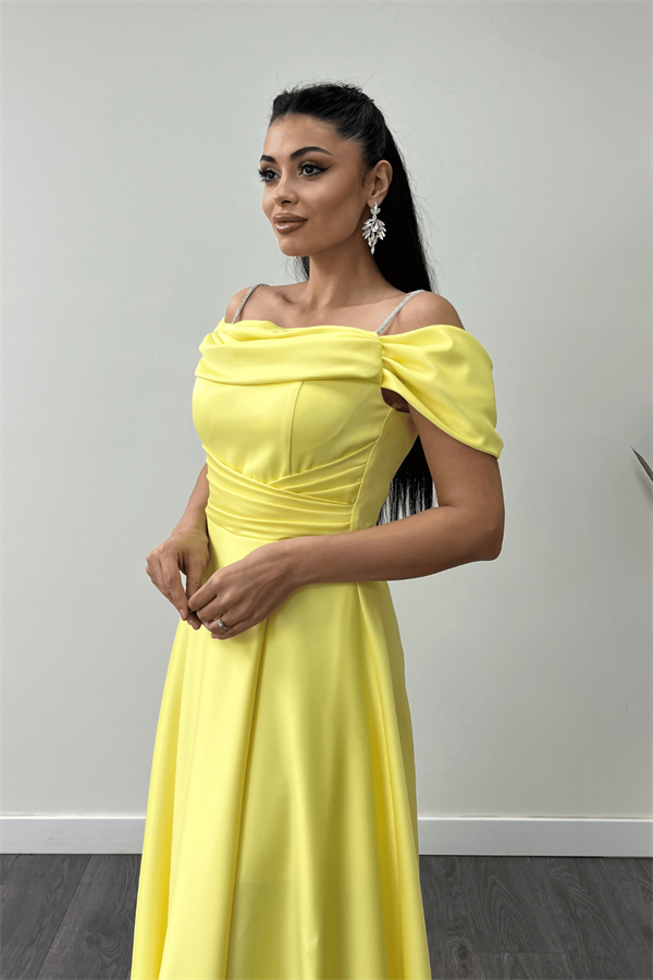 Saten Kumaş Büzgülü Askılı Abiye Elbise - SARI