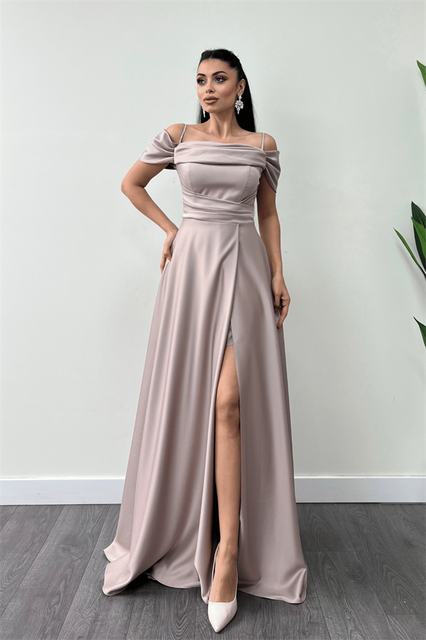 Saten Kumaş Büzgülü Askılı Abiye Elbise - BEJ