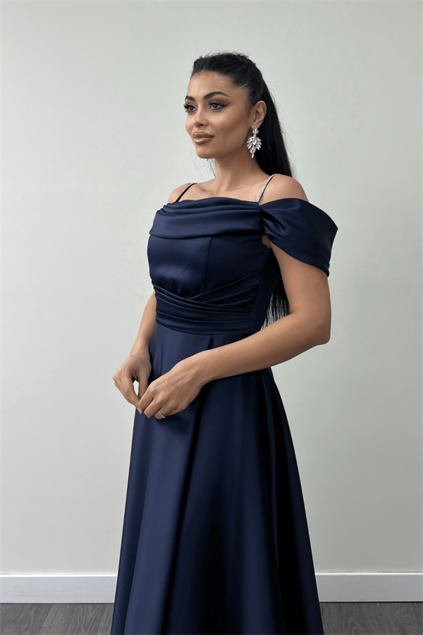 Saten Kumaş Büzgülü Askılı Abiye Elbise - LACİVERT