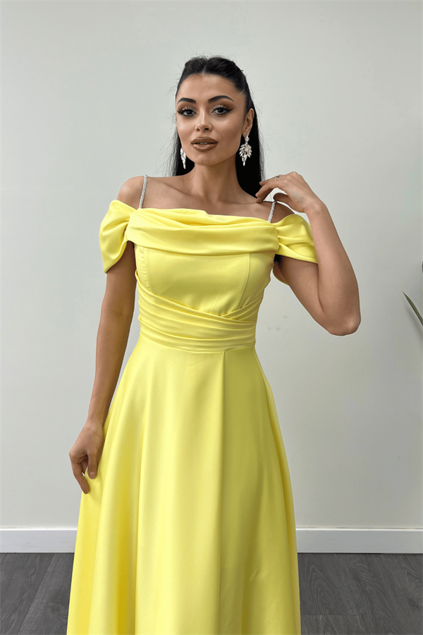 Saten Kumaş Büzgülü Askılı Abiye Elbise - SARI