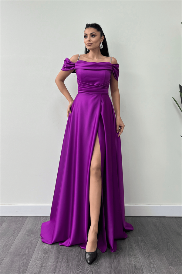 Saten Kumaş Büzgülü Askılı Abiye Elbise - MOR