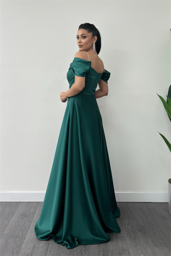 Saten Kumaş Büzgülü Askılı Abiye Elbise - ZÜMRÜT YEŞİL