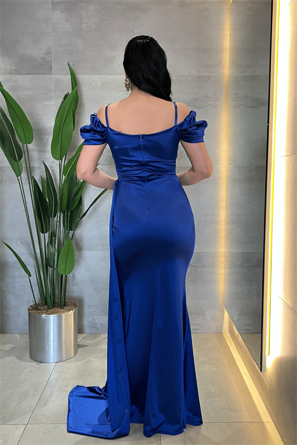 Saten Kumaş Büzgülü Şal Detaylı Abiye Elbise - SAKS MAVİ