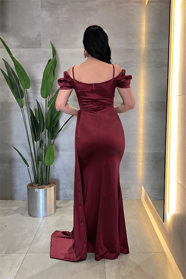 Saten Kumaş Büzgülü Şal Detaylı Abiye Elbise - BORDO