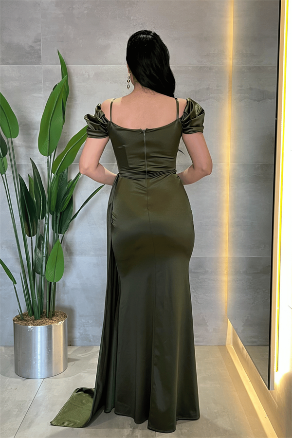 Saten Kumaş Büzgülü Şal Detaylı Abiye Elbise - HAKİ YEŞİLİ