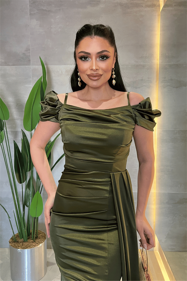 Saten Kumaş Büzgülü Şal Detaylı Abiye Elbise - HAKİ YEŞİLİ