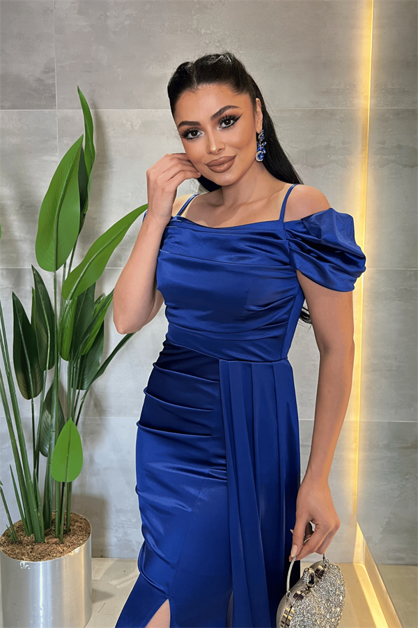 Saten Kumaş Büzgülü Şal Detaylı Abiye Elbise - SAKS MAVİ