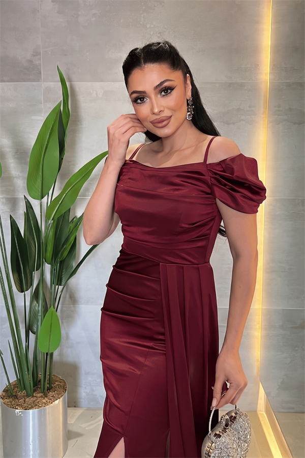 Saten Kumaş Büzgülü Şal Detaylı Abiye Elbise - BORDO