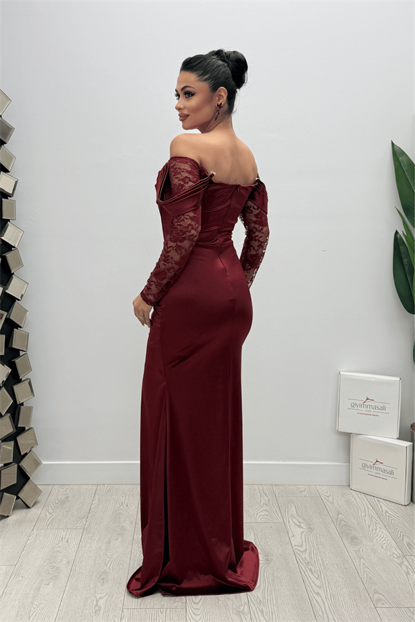 Saten Kumaş Dantel Detaylı Abiye Elbise - BORDO