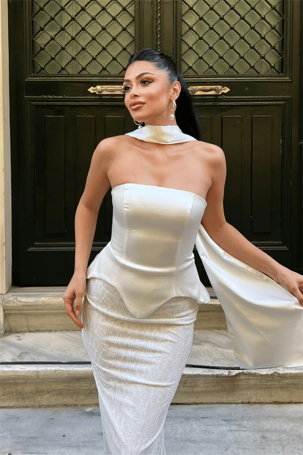 Saten Kumaş Dantel Detaylı Abiye Elbise - BEYAZ