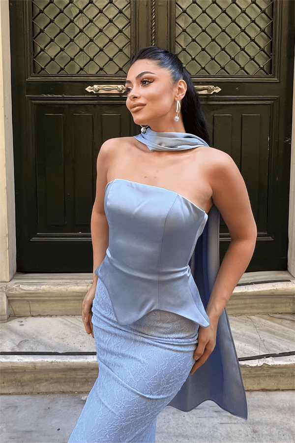 Saten Kumaş Dantel Detaylı Abiye Elbise - BEBE MAVİSİ