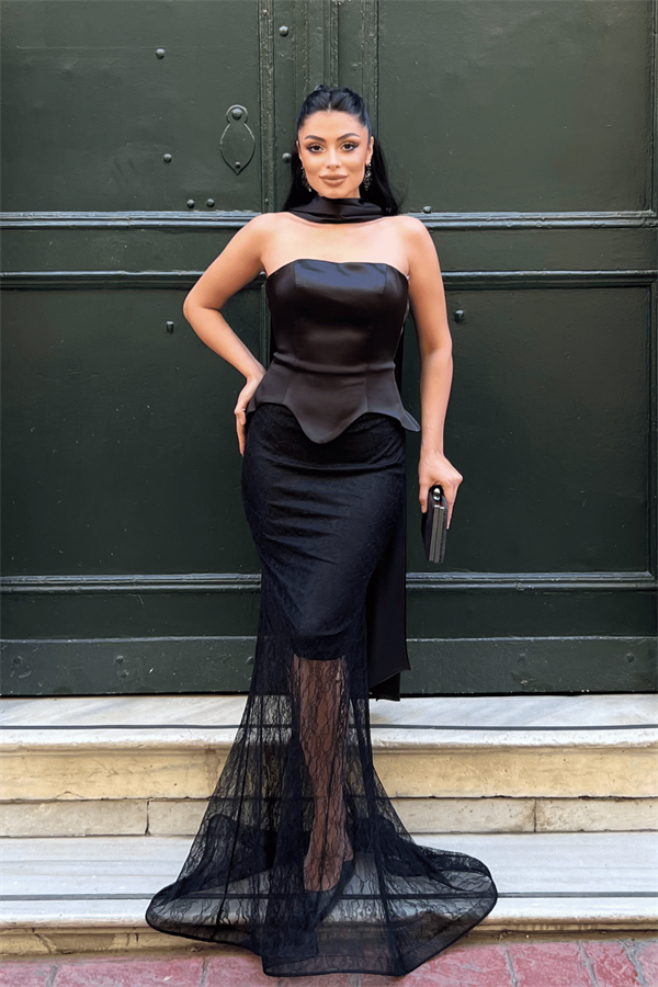 Saten Kumaş Dantel Detaylı Abiye Elbise - SİYAH