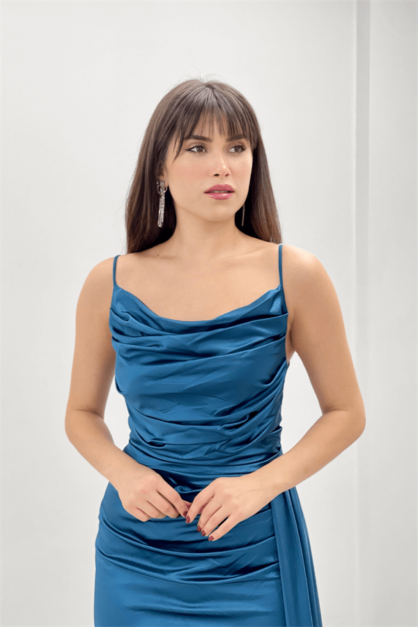 Saten Kumaş Degaje Yaka Abiye Balık Elbise - TURKUAZ