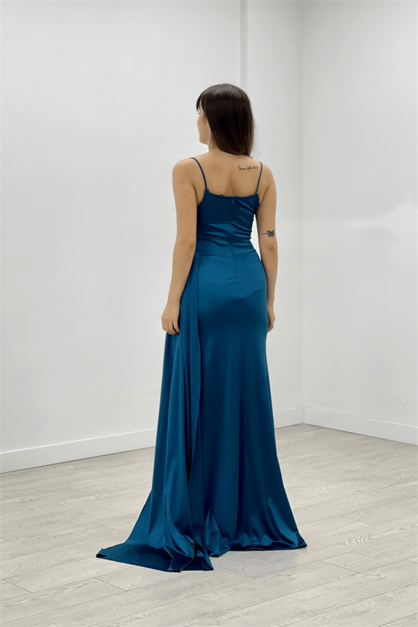 Saten Kumaş Degaje Yaka Abiye Balık Elbise - TURKUAZ