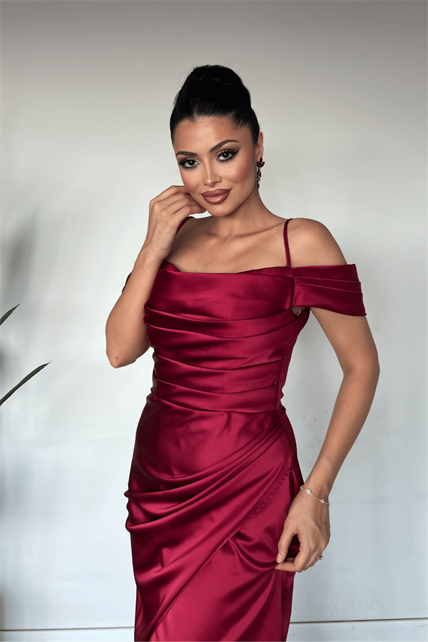 Saten Kumaş Degaje Yaka Abiye Elbise - BORDO