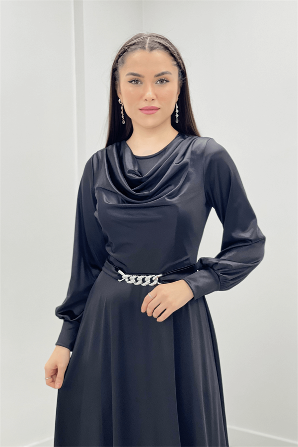 Satin Fabric Degaje Collar Evening Dress - BLACK