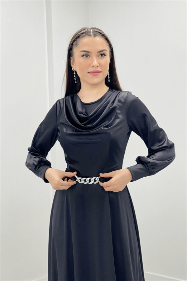 Satin Fabric Degaje Collar Evening Dress - BLACK