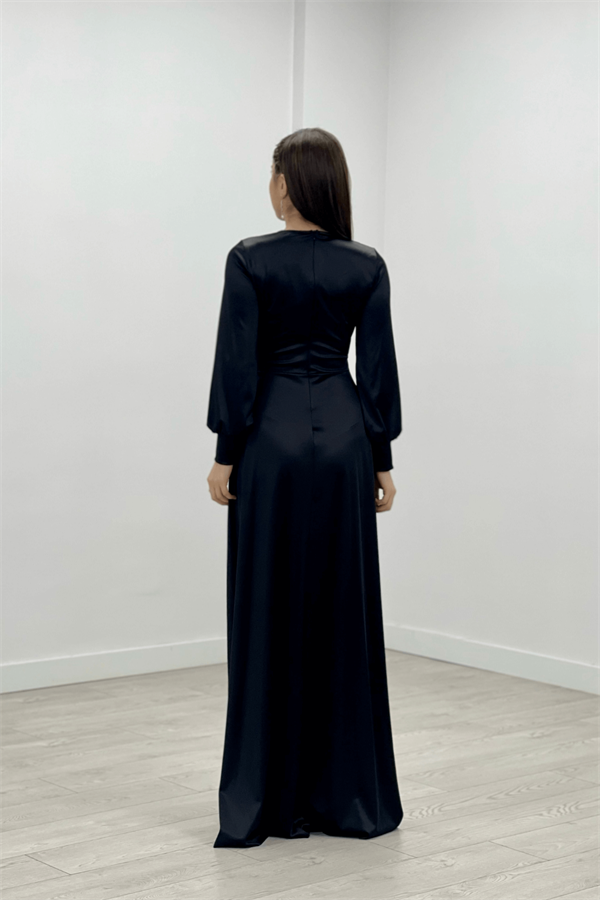 Satin Fabric Degaje Collar Evening Dress - BLACK