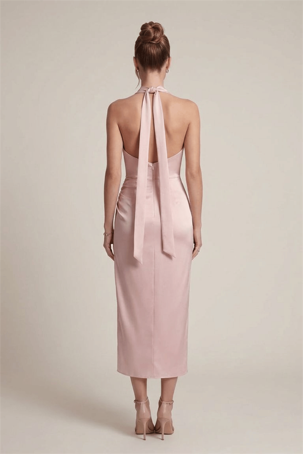 Saten Kumaş Degaje Yaka Elbise - PUDRA