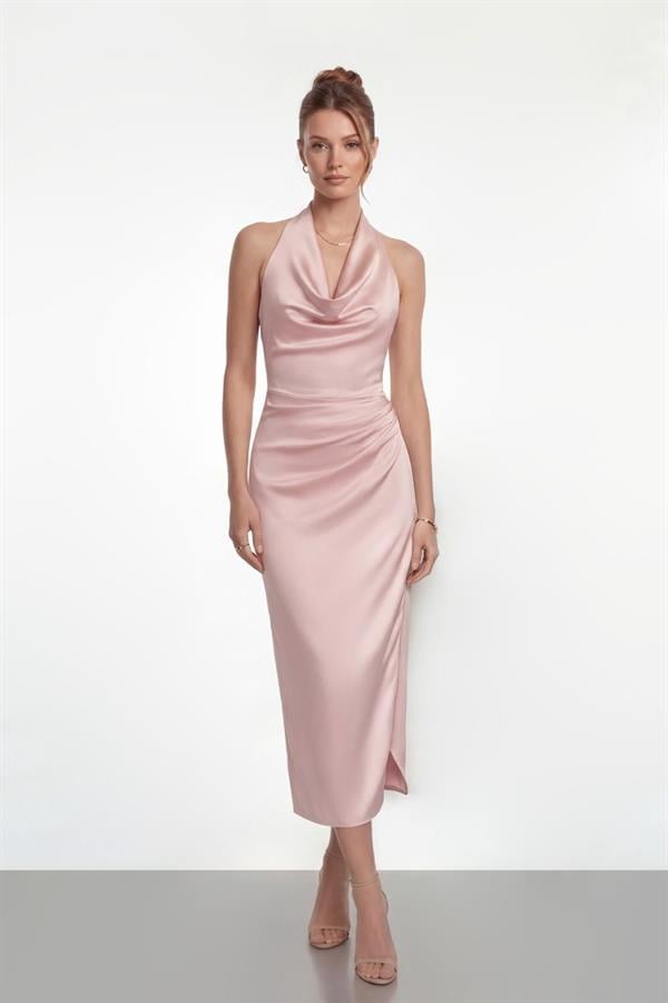 Saten Kumaş Degaje Yaka Elbise - PUDRA