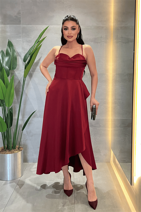 Saten Kumaş Degaje Yaka Midi Elbise - BORDO