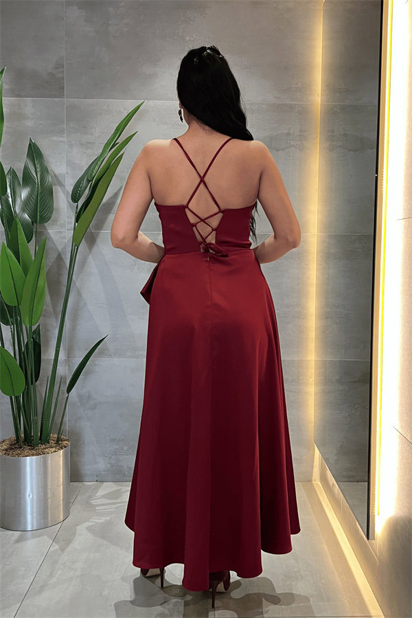 Saten Kumaş Degaje Yaka Midi Elbise - BORDO