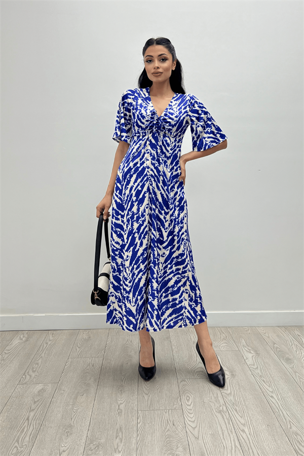 Saten Kumaş Göğsü  Büzgü Detaylı Elbise - SAKS MAVİ